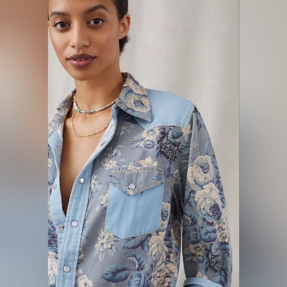Anthropologie Love The Label Floral Chambray Button-Down Size XXSP